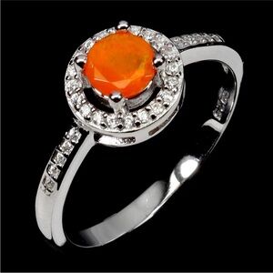 Natural Orange Opal with Zircon  Halo 925 Sterling Silver Ring 6